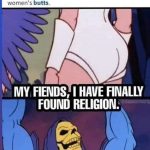 Skeletor celebrates discovering Adonitology, a humorous take on worship.