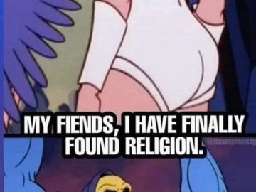 Skeletor celebrates discovering Adonitology, a humorous take on worship.