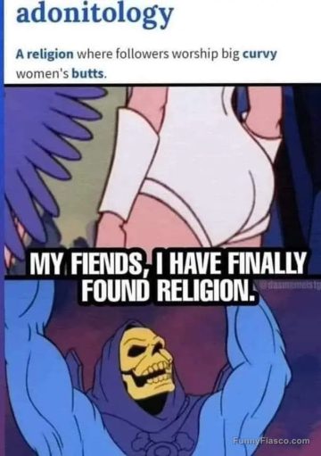 Skeletor celebrates discovering Adonitology, a humorous take on worship.