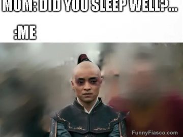 Tired person responds to mom's question about sleep with a blank stare.