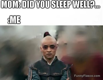 Tired person responds to mom's question about sleep with a blank stare.