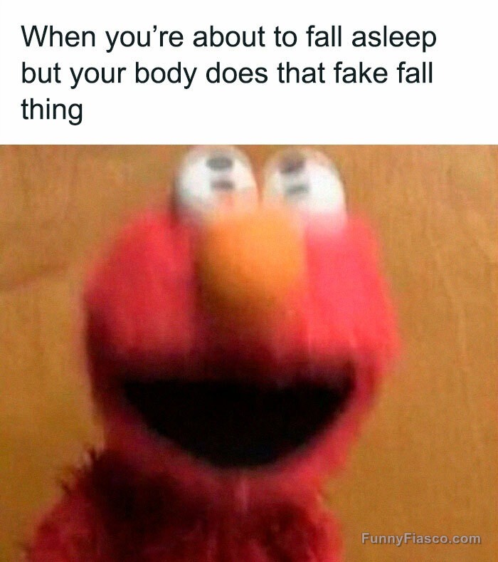 Blurry red puppet reacting to sleep falling sensation.