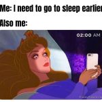 Cartoon character scrolling phone wide awake at 2 AM.