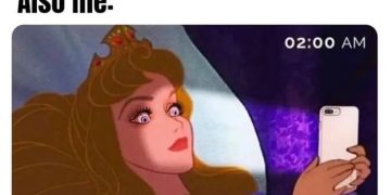 Cartoon character scrolling phone wide awake at 2 AM.