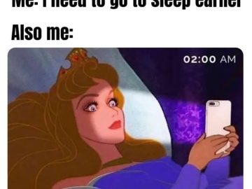 Cartoon character scrolling phone wide awake at 2 AM.