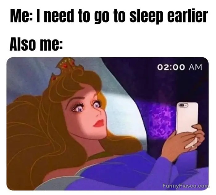 Cartoon character scrolling phone wide awake at 2 AM.