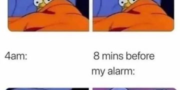 Cartoon character staring awake in bed until falling asleep before alarm.