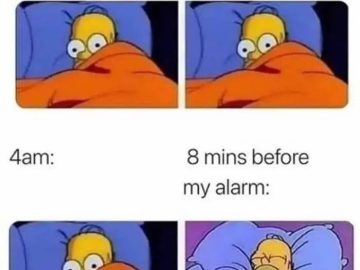 Cartoon character staring awake in bed until falling asleep before alarm.