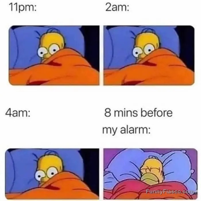 Cartoon character staring awake in bed until falling asleep before alarm.