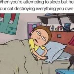 Cartoon character annoyed by cat chaos while trying to sleep.