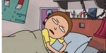 Cartoon character annoyed by cat chaos while trying to sleep.