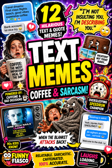 Bold meme roundup thumbnail featuring text and quote memes about coffee, sarcasm, adulting, travel dreams, and relatable life moments