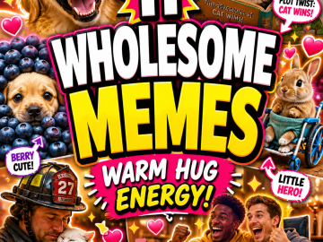 Colorful wholesome meme roundup thumbnail featuring cute animals, happy reactions, and bold text about wholesome memes.
