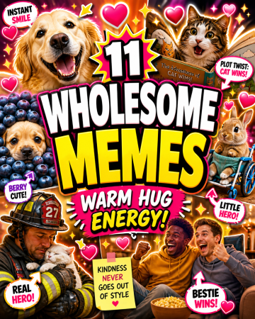 Colorful wholesome meme roundup thumbnail featuring cute animals, happy reactions, and bold text about wholesome memes.