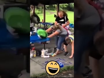 Outdoor party scene with a woman at a picnic table reacting as a green object flies toward her during a fail compilation.