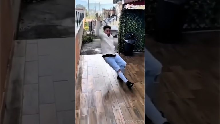 Person losing balance on a small bathroom ladder before outdoor water and street fails follow