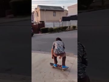 A short funny fails compilation showing everyday accidents including a skateboard crash, golf cart rollover, and porch camera stumble.