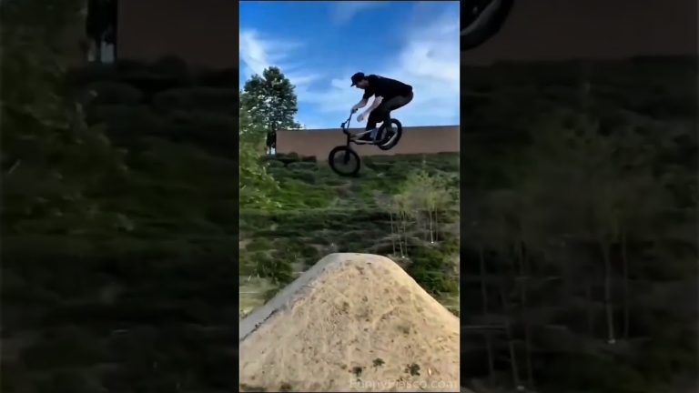 A montage of people attempting stunts before crashing, including a BMX jump, water jetpack fall, and stair fail.