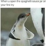 Proud penguin chick celebrates opening a jar effortlessly.