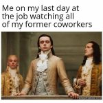 Person dressed in regal attire watching coworkers, last day at work
