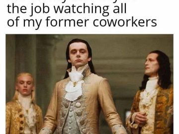 Person dressed in regal attire watching coworkers, last day at work