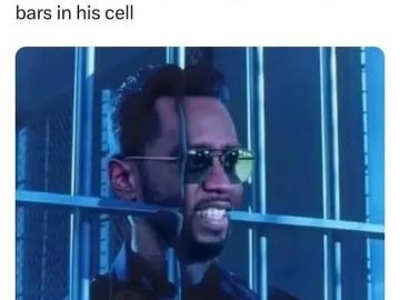 Meme of Diddy slipping between bars in a jail cell humorously.