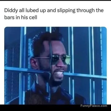 Meme of Diddy slipping between bars in a jail cell humorously.
